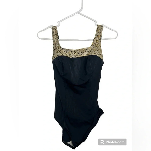 Vintage Roxane Black One Piece Swimsuit with gold accent size 12 - Picture 1 of 5